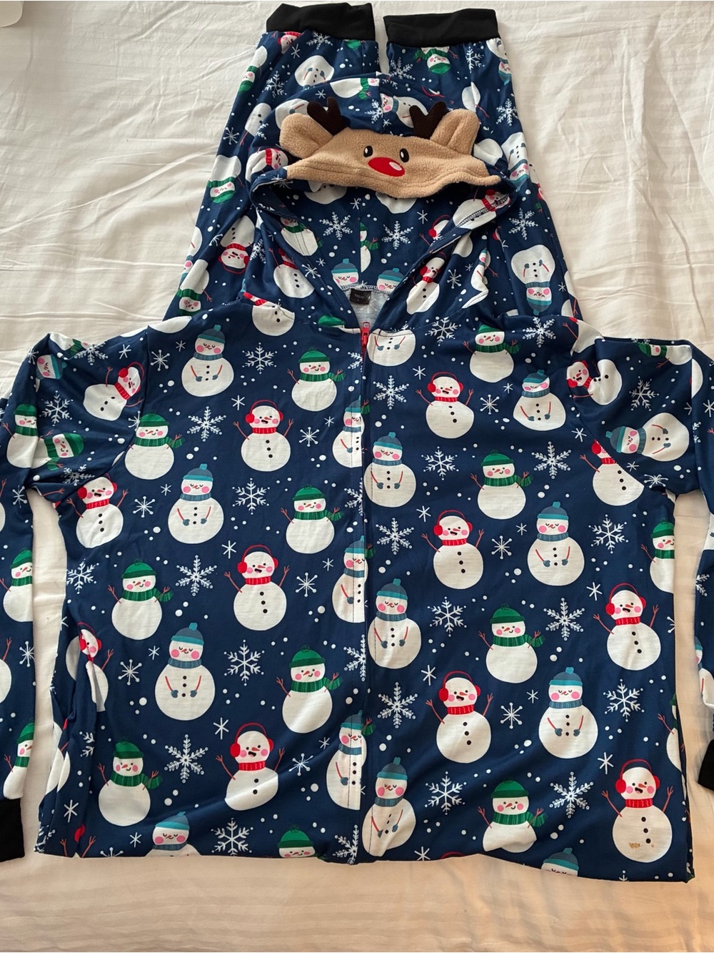 Men’s M Adult Christmas Snowman Hooded Zip-Up Pajamas Reindeer Hood Detail